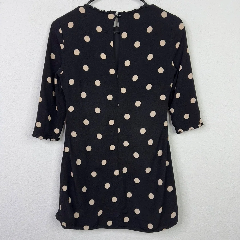 Kate Spade Dress Womens 0‎ Black Tan Polka Dot Ruffle Trim Feminine Quiet Luxury